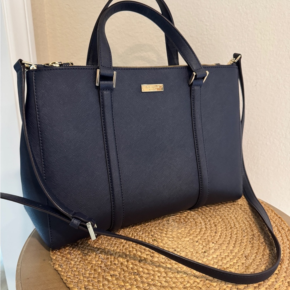 Kate Spade Navy Blue Satchel with Leather Material and Detachable Strap